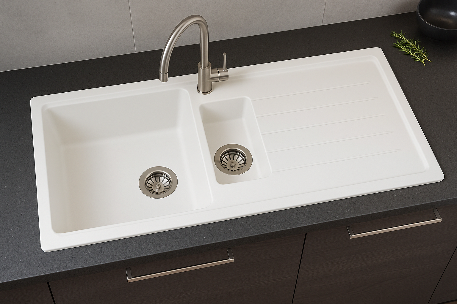Beyaz Granit Kuvars Evye – 1.5 Göz Damlalıklı